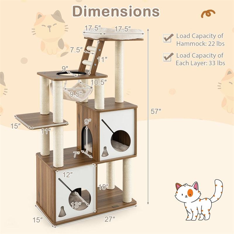 57" Modern Wooden Cat Tree Tower Multi-Level Cat Activity Center with Climbing Ladder, 2 Cat Condos, Hanging Hammock & Padded Top Perch
