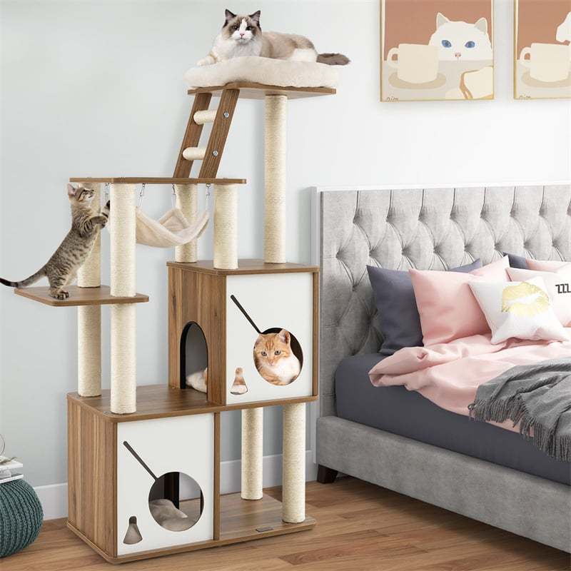 57" Modern Wooden Cat Tree Tower Multi-Level Cat Activity Center with Climbing Ladder, 2 Cat Condos, Hanging Hammock & Padded Top Perch