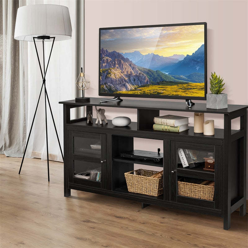 58" Fireplace TV Stand for TVs up to 65", Farmhouse Wood Media Console with 2 Cabinets & 4 Shelves, Entertainment Center for 18" Fireplace