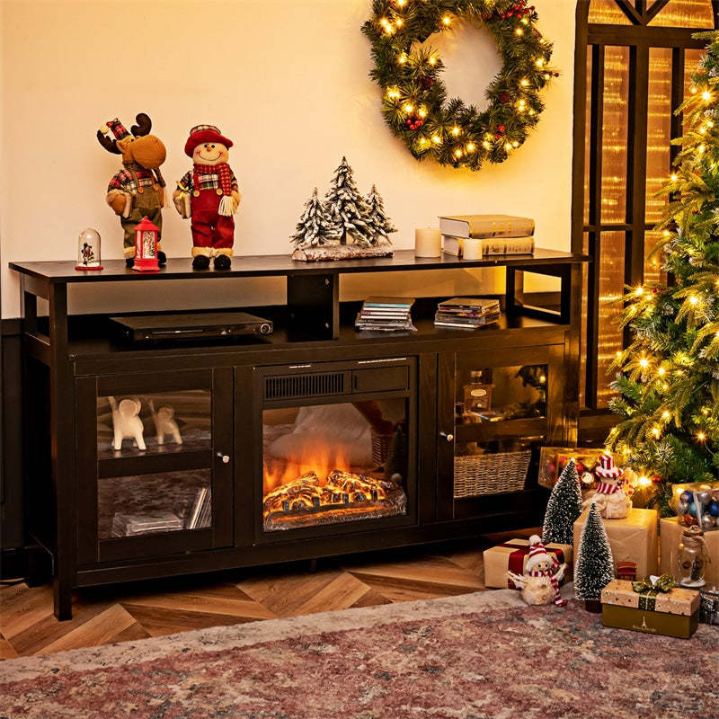 58" Fireplace TV Stand for TVs up to 65", Farmhouse Wood Media Console with 2 Cabinets & 4 Shelves, Entertainment Center for 18" Fireplace
