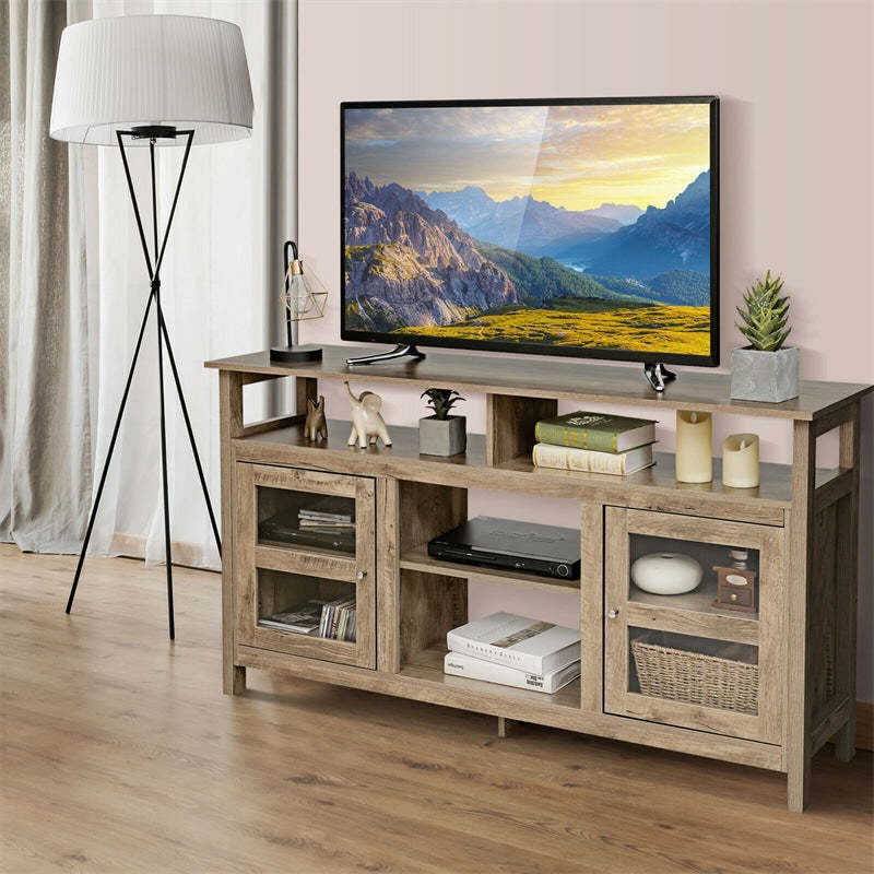 58" Fireplace TV Stand for TVs up to 65", Farmhouse Wood Media Console with 2 Cabinets & 4 Shelves, Entertainment Center for 18" Fireplace