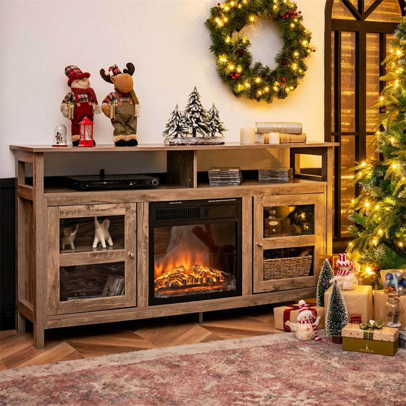 58" Fireplace TV Stand for TVs up to 65", Farmhouse Wood Media Console with 2 Cabinets & 4 Shelves, Entertainment Center for 18" Fireplace