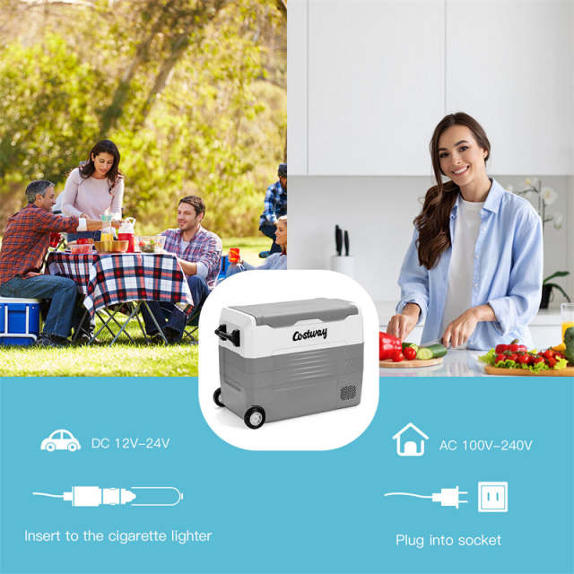 12V Car Refrigerator with Wheels, 58 Quart Dual Zone Portable Fridge Freezer DC/AC RV Freezer Electric Cooler for Home Camping Vehicle Travel