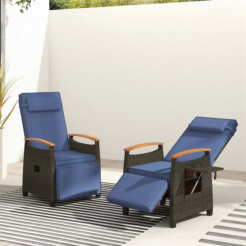 Outdoor Wicker Recliner Chair with Adjustable Backrest, Footrest, Flip Side Table & Cushion, Patio Rattan Chaise Lounge for Backyard Porch