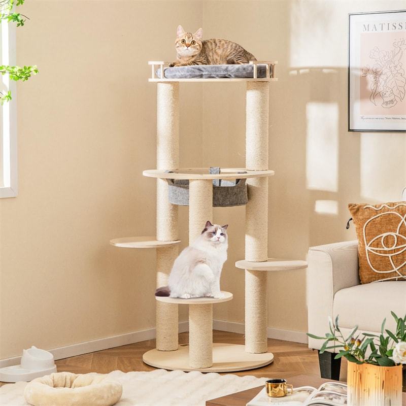 59" Tall Wood Cat Tree, Modern Multi-Level Cat Tower with Top Padded Perch, Hammock, 3 Platforms & Sisal Scratching Posts for Large Indoor Cats