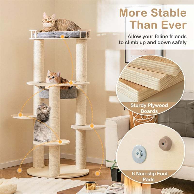 59" Tall Wood Cat Tree, Modern Multi-Level Cat Tower with Top Padded Perch, Hammock, 3 Platforms & Sisal Scratching Posts for Large Indoor Cats