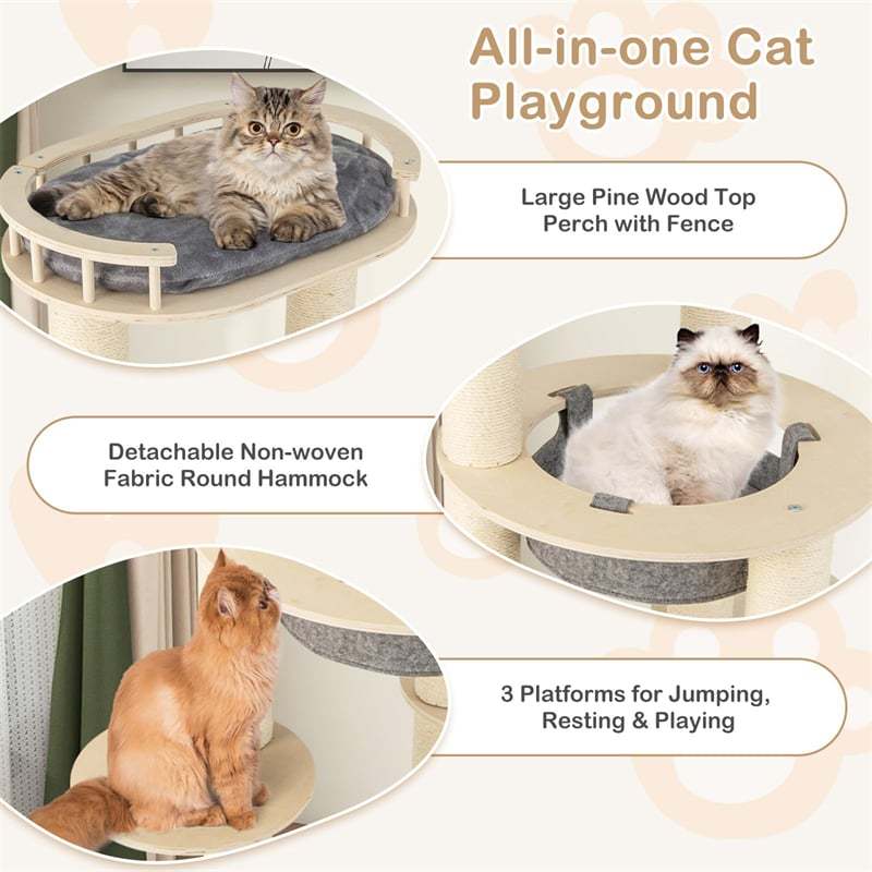 59" Tall Wood Cat Tree, Modern Multi-Level Cat Tower with Top Padded Perch, Hammock, 3 Platforms & Sisal Scratching Posts for Large Indoor Cats