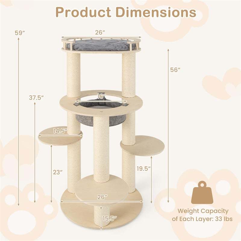 59" Tall Wood Cat Tree, Modern Multi-Level Cat Tower with Top Padded Perch, Hammock, 3 Platforms & Sisal Scratching Posts for Large Indoor Cats