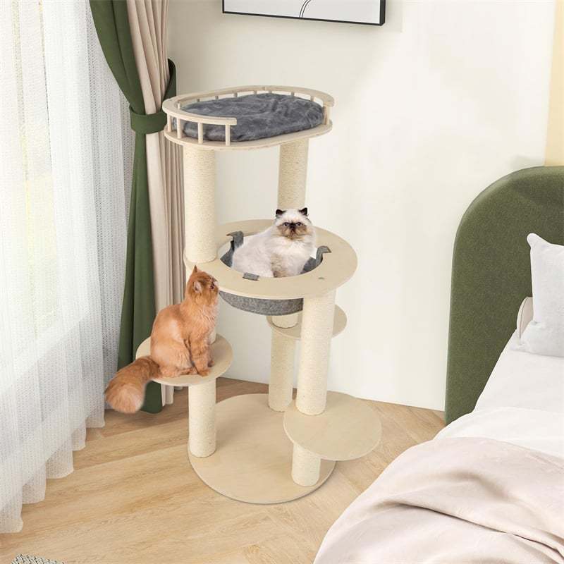 59" Tall Wood Cat Tree, Modern Multi-Level Cat Tower with Top Padded Perch, Hammock, 3 Platforms & Sisal Scratching Posts for Large Indoor Cats