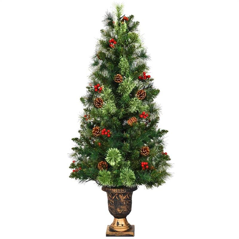 5FT Pre-Lit Entrance Christmas Tree with 100 LED Lights, Red Berries & Pine Cones, Artificial Tabletop Xmas Tree for Indoor Outdoor Holiday Decor