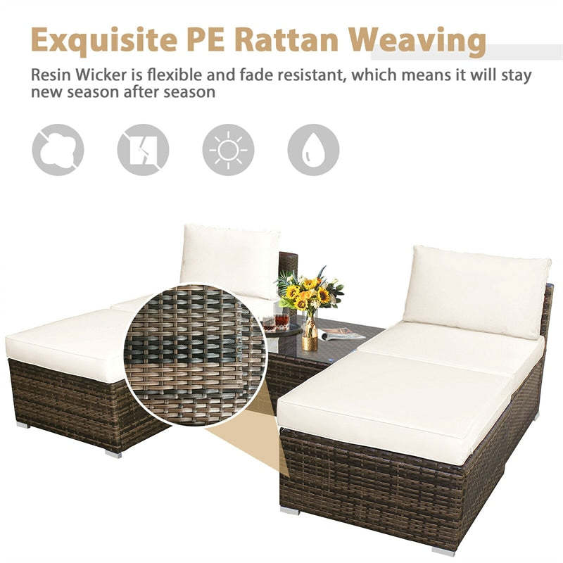5-Piece Outdoor Rattan Chaise Lounge Set with Ottomans, Coffee Table & Washable Cushions, Patio Sectional Sofa Set for Backyard, Poolside