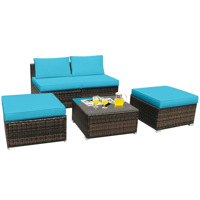 5-Piece Outdoor Rattan Chaise Lounge Set with Ottomans, Coffee Table & Washable Cushions, Patio Sectional Sofa Set for Backyard, Poolside