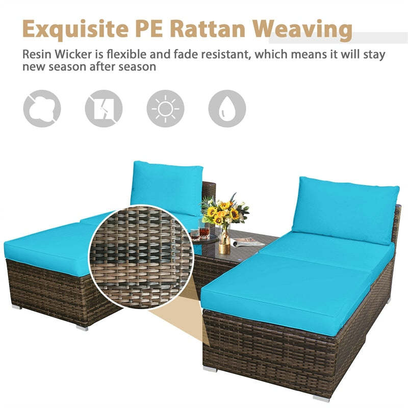 5-Piece Outdoor Rattan Chaise Lounge Set with Ottomans, Coffee Table & Washable Cushions, Patio Sectional Sofa Set for Backyard, Poolside