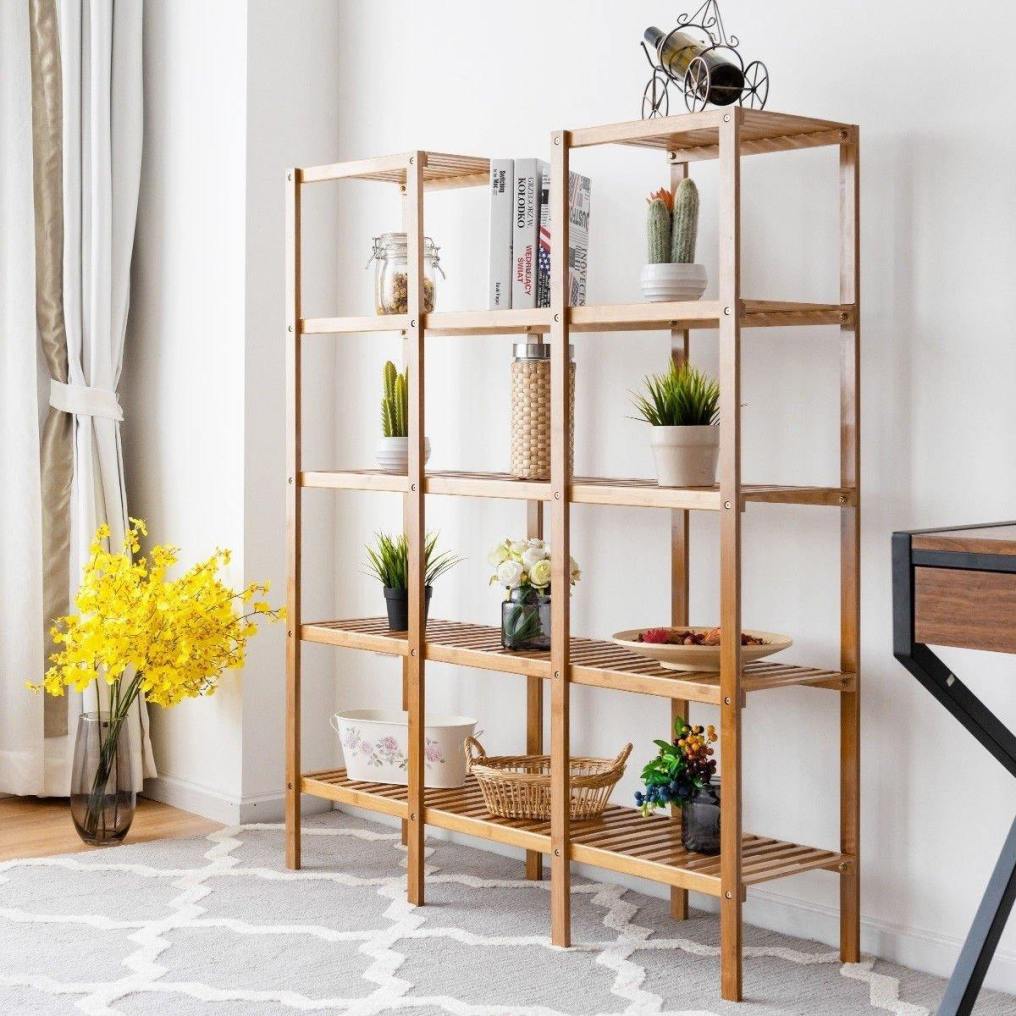 Multifunctional Plant Stand 5 Tier Bamboo Plant Display Shelf Storage Rack Unit Closet for Indoor Outdoor (12 Pots)