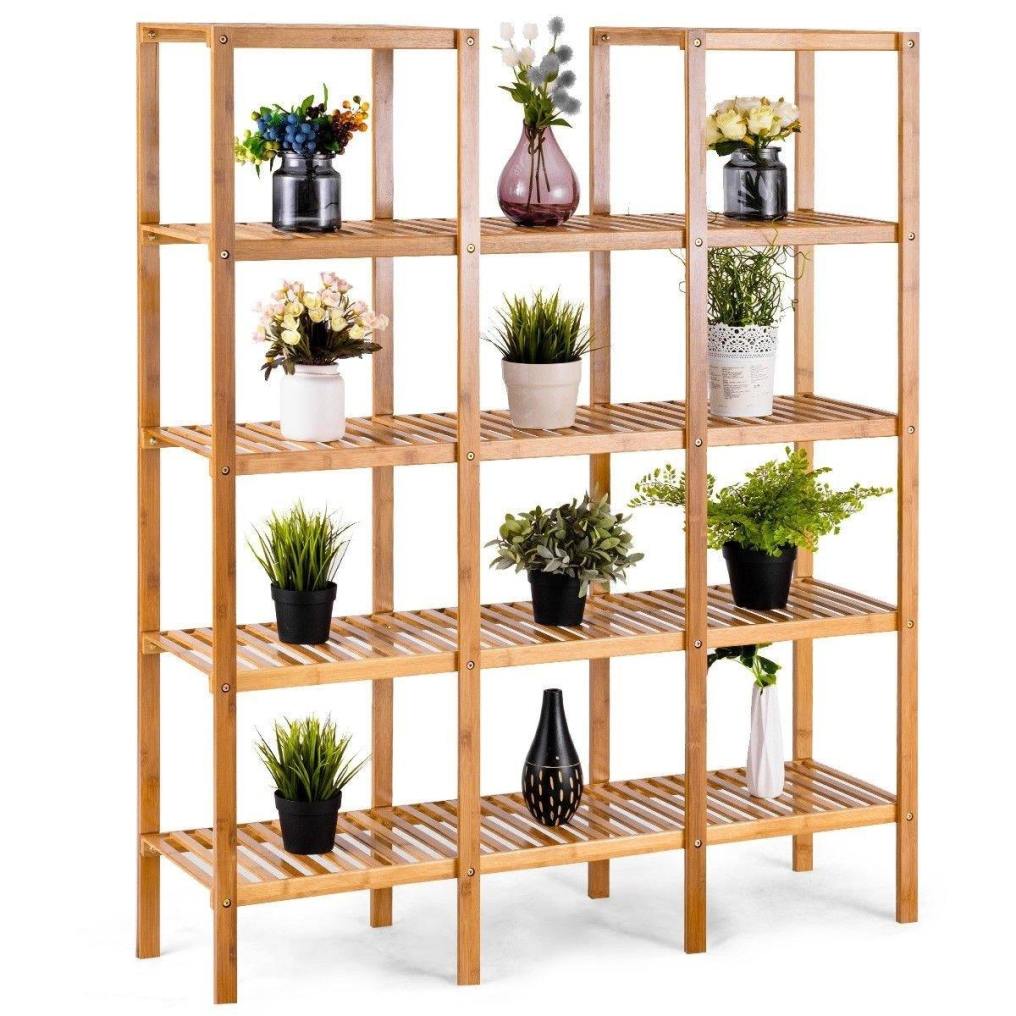 Multifunctional Plant Stand 5 Tier Bamboo Plant Display Shelf Storage Rack Unit Closet for Indoor Outdoor (12 Pots)