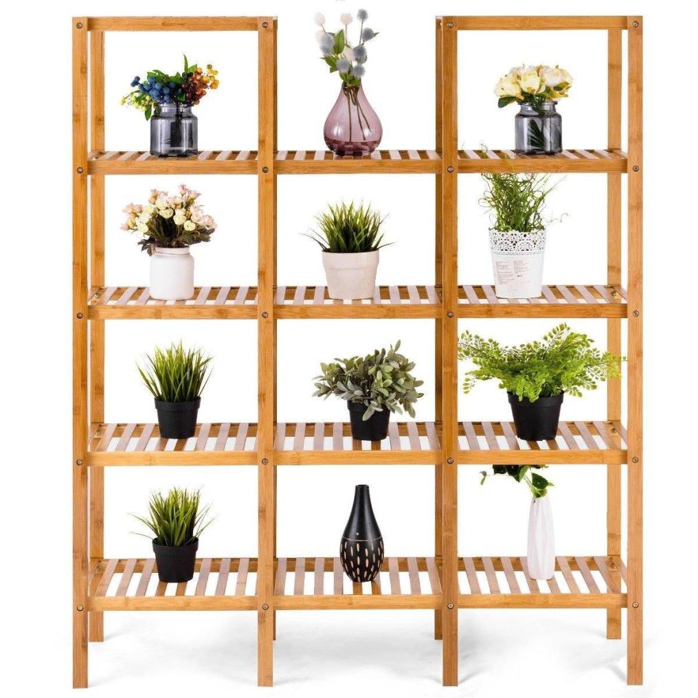Multifunctional Plant Stand 5 Tier Bamboo Plant Display Shelf Storage Rack Unit Closet for Indoor Outdoor (12 Pots)