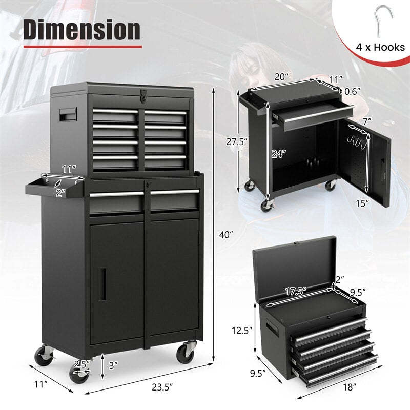 5-Drawer Rolling Tool Chest, Tool Storage Cabinet with Lockable Wheels, Detachable Top Tool Box & Adjustable Shelf for Garage, Workshop