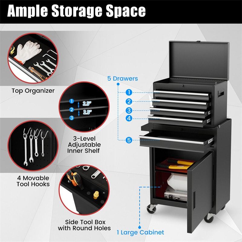 5-Drawer Rolling Tool Chest, Tool Storage Cabinet with Lockable Wheels, Detachable Top Tool Box & Adjustable Shelf for Garage, Workshop