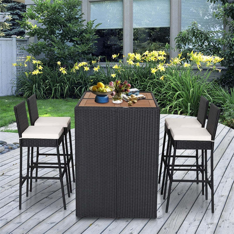 5 Piece Patio PE Wicker Bar Set Acacia Wood Bar Height Table & 4 Rattan Bar Stools with Backrest, Footrest, Cushions, Outdoor Bar Height Bistro Set