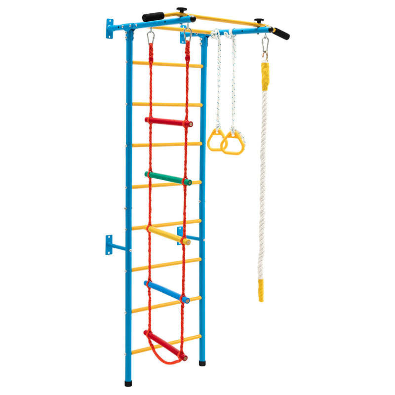 5-in-1 Kids Indoor Jungle Gym, Steel Swedish Ladder Wall Set with Pull-Up Bar, Rope Ladder & Gymnastic Rings, Toddler Climbing Toys for Exercise Play