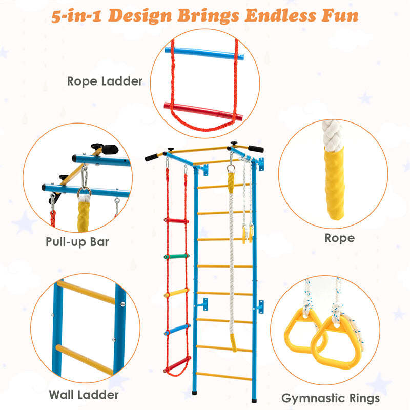 5-in-1 Kids Indoor Jungle Gym, Steel Swedish Ladder Wall Set with Pull-Up Bar, Rope Ladder & Gymnastic Rings, Toddler Climbing Toys for Exercise Play
