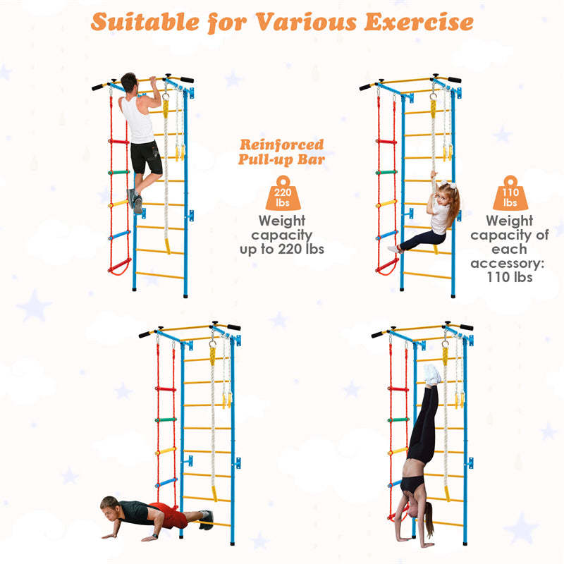 5-in-1 Kids Indoor Jungle Gym, Steel Swedish Ladder Wall Set with Pull-Up Bar, Rope Ladder & Gymnastic Rings, Toddler Climbing Toys for Exercise Play