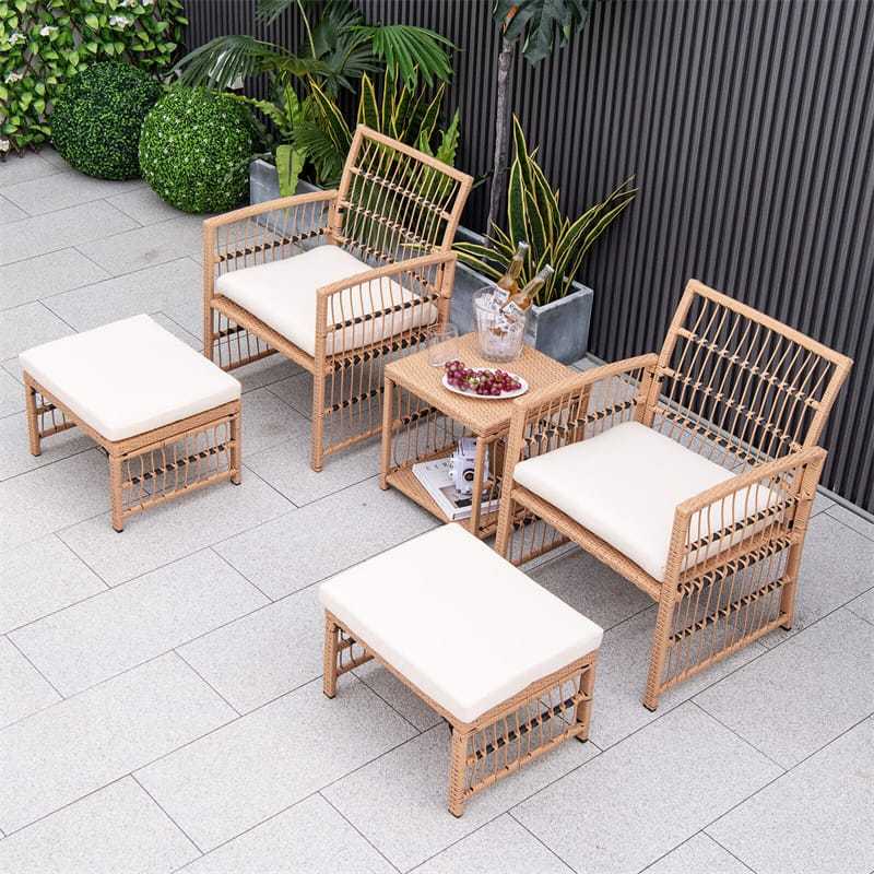 5 Piece Patio Rattan Wicker Conversation Set Outdoor Cushioned Furniture Set with 2-Tier Coffee Table & 2 Ottomans
