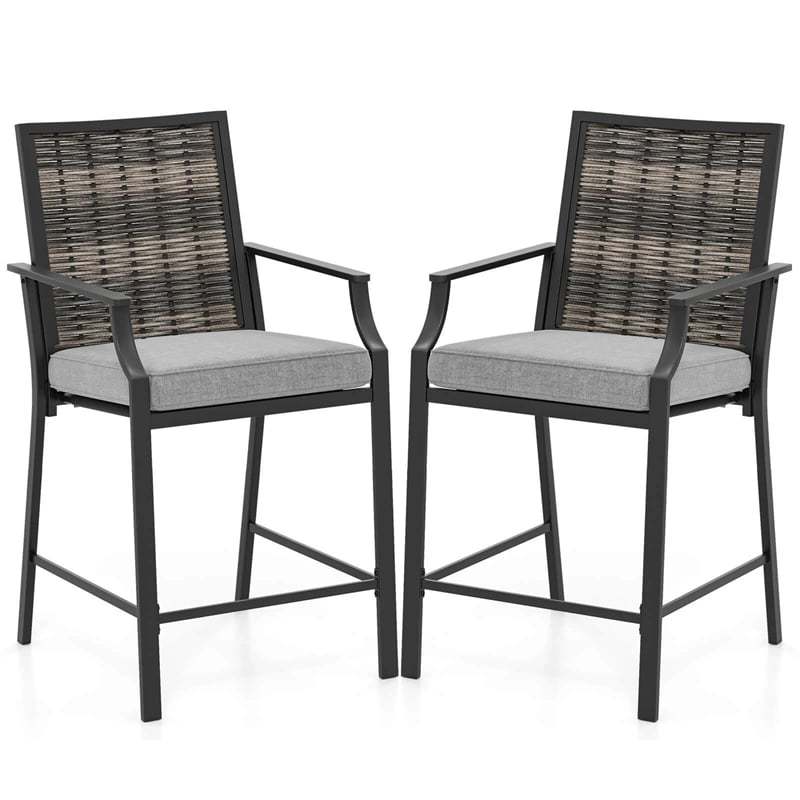 Outdoor Metal Bar Stools Set of 2 with Rattan Back, Fabric Seat & Cushions, 330 LBS Capacity Counter Height Patio Chairs for Backyard, Poolside