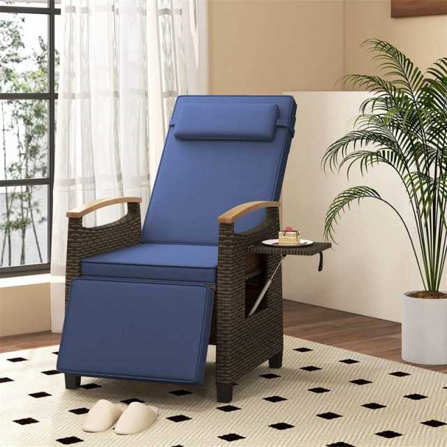 Outdoor Wicker Recliner Chair with Adjustable Backrest, Footrest, Flip Side Table & Cushion, Patio Rattan Chaise Lounge for Backyard Porch