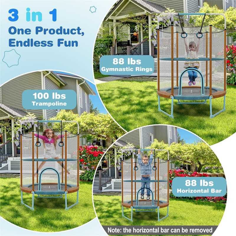 5FT Kids Trampoline, ASTM Approved 3-in-1 Toddler Trampoline with Safety Enclosure, Adjustable Horizontal Bar & Swing Rings for Indoor Outdoor
