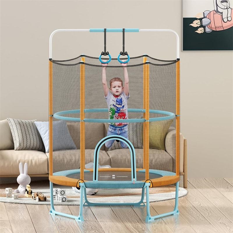 5FT Kids Trampoline, ASTM Approved 3-in-1 Toddler Trampoline with Safety Enclosure, Adjustable Horizontal Bar & Swing Rings for Indoor Outdoor