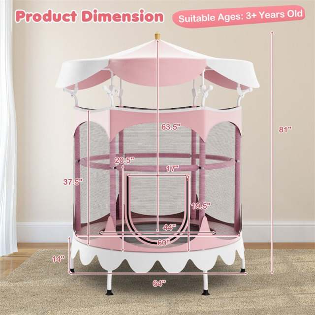 64" Mini Kids Trampoline, ASTM Approved Toddler Trampoline with Detachable Canopy, Safety Enclosure Net & Handrail for Indoor Outdoor Use