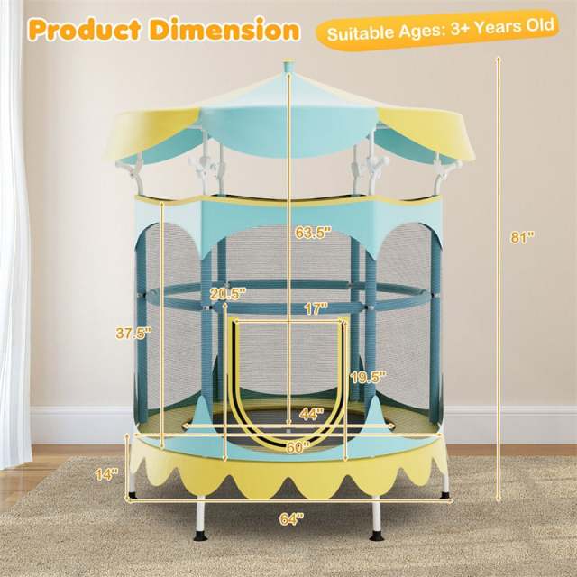64" Mini Kids Trampoline, ASTM Approved Toddler Trampoline with Detachable Canopy, Safety Enclosure Net & Handrail for Indoor Outdoor Use