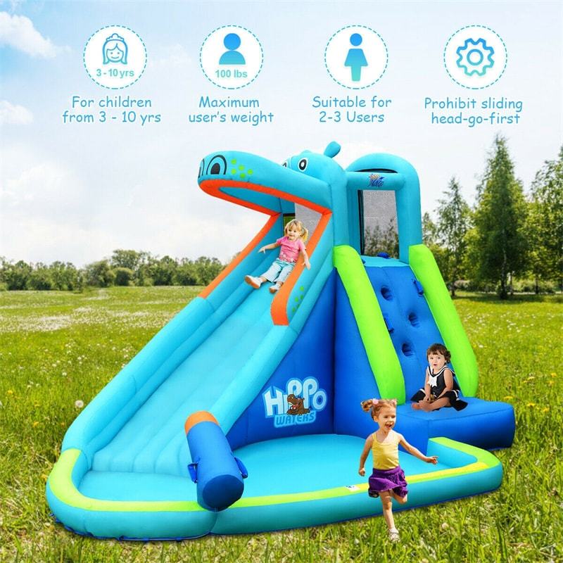 Inflatable Water Slide, Hippo Theme Bounce House Water Park with Long Slide, 740W Blower, Splash Pool & Climbing Wall for Kids Backyard Party Gifts