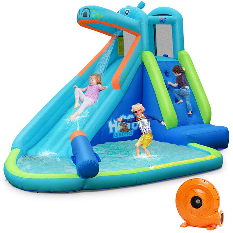 Inflatable Water Slide, Hippo Theme Bounce House Water Park with Long Slide, 740W Blower, Splash Pool & Climbing Wall for Kids Backyard Party Gifts
