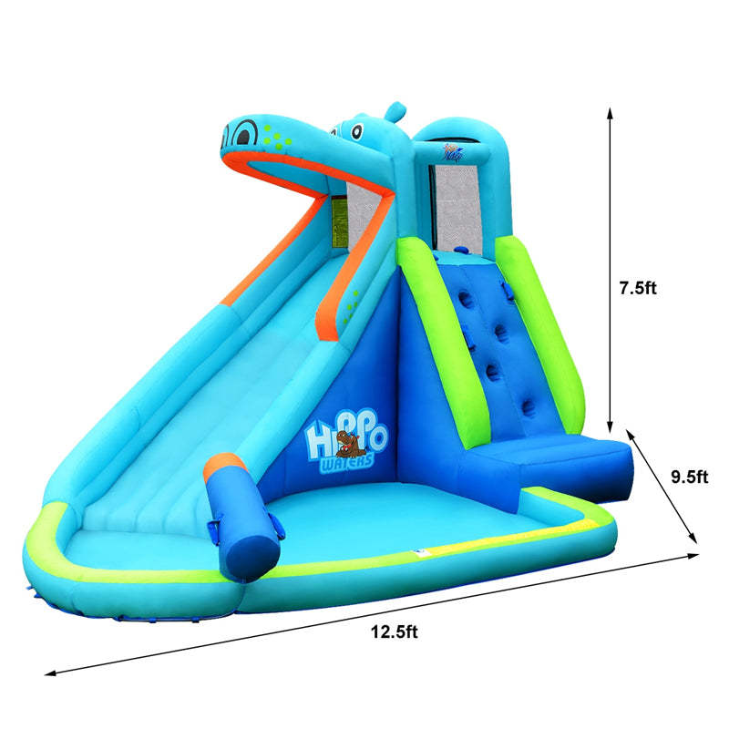 Inflatable Water Slide, Hippo Theme Bounce House Water Park with Long Slide, 740W Blower, Splash Pool & Climbing Wall for Kids Backyard Party Gifts