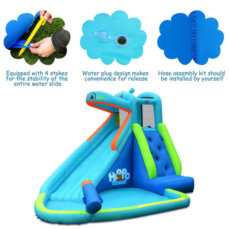 Inflatable Water Slide, Hippo Theme Bounce House Water Park with Long Slide, 740W Blower, Splash Pool & Climbing Wall for Kids Backyard Party Gifts