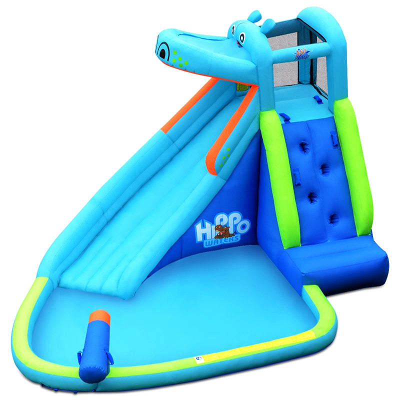 Inflatable Water Slide, Hippo Theme Bounce House Water Park with Long Slide, 740W Blower, Splash Pool & Climbing Wall for Kids Backyard Party Gifts
