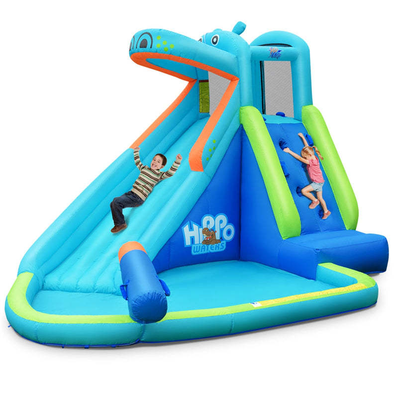 Hippo Theme Inflatable Water Slide, Indoor/Outdoor Blow Up Bounce House Water Park with Slide, Splash Pool & Carry Bag for Kids Backyard Party Gifts