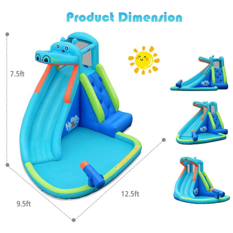 Hippo Theme Inflatable Water Slide, Indoor/Outdoor Blow Up Bounce House Water Park with Slide, Splash Pool & Carry Bag for Kids Backyard Party Gifts