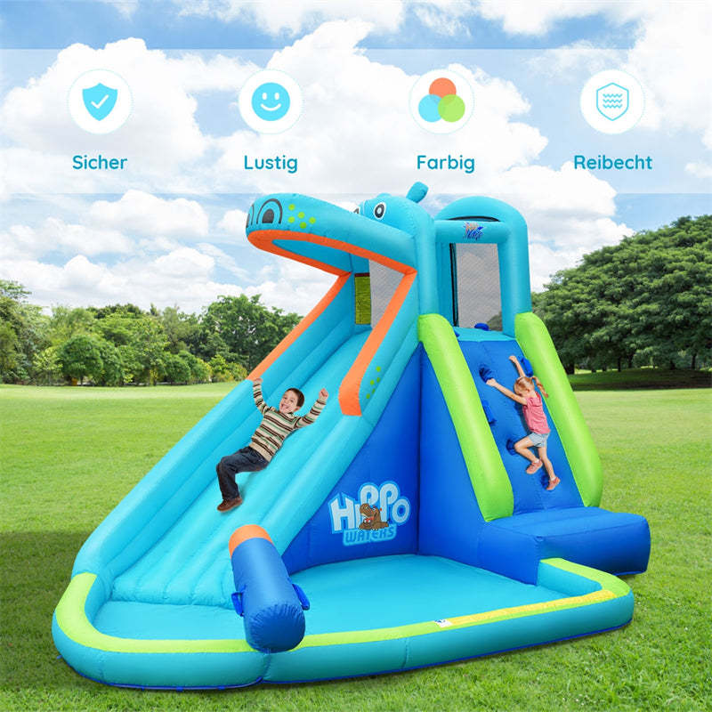Hippo Theme Inflatable Water Slide, Indoor/Outdoor Blow Up Bounce House Water Park with Slide, Splash Pool & Carry Bag for Kids Backyard Party Gifts