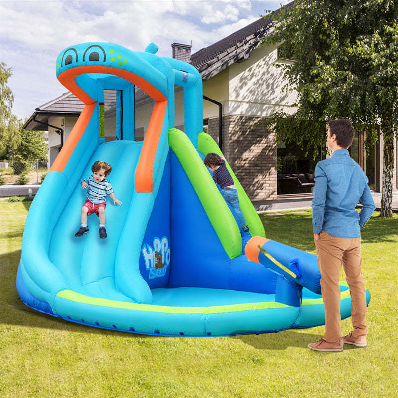 Hippo Theme Inflatable Water Slide, Indoor/Outdoor Blow Up Bounce House Water Park with Slide, Splash Pool & Carry Bag for Kids Backyard Party Gifts
