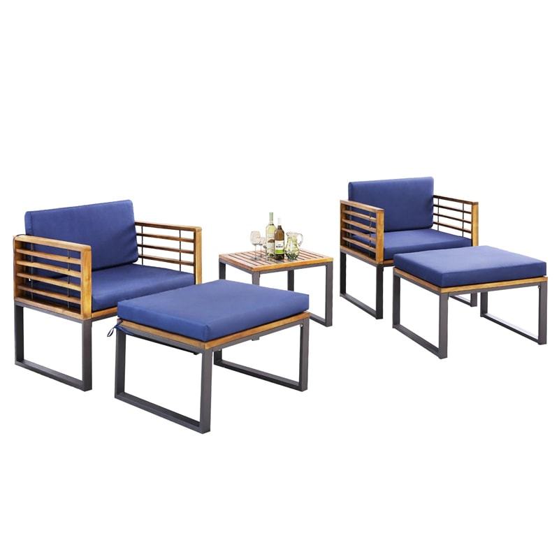 5 Pieces Acacia Wood Patio Furniture Set Outdoor Conversation Set with Coffee Table, Ottomans, Soft Back & Seat Cushions