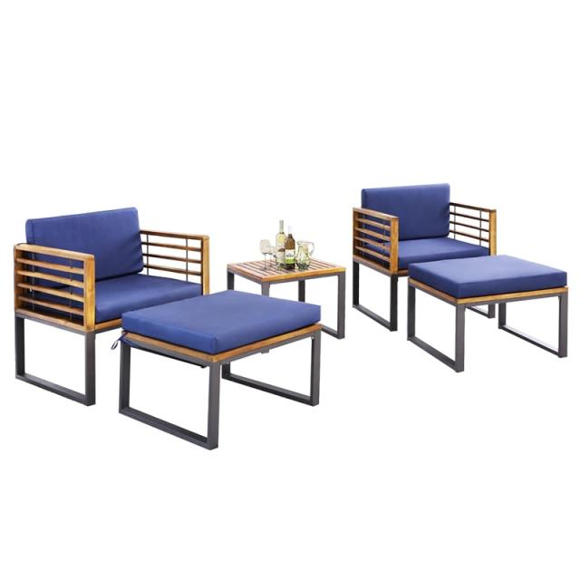 5 Pieces Acacia Wood Patio Furniture Set Outdoor Conversation Set with Coffee Table, Ottomans, Soft Back & Seat Cushions