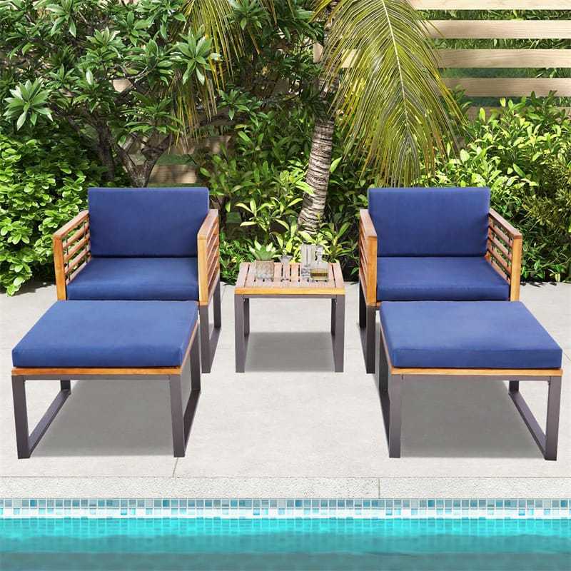 5 Pieces Acacia Wood Patio Furniture Set Outdoor Conversation Set with Coffee Table, Ottomans, Soft Back & Seat Cushions