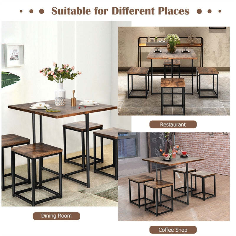 5pcs Compact Dining Table Set with 4 Square Stools & Metal Frame for Small Space Pub Apartment