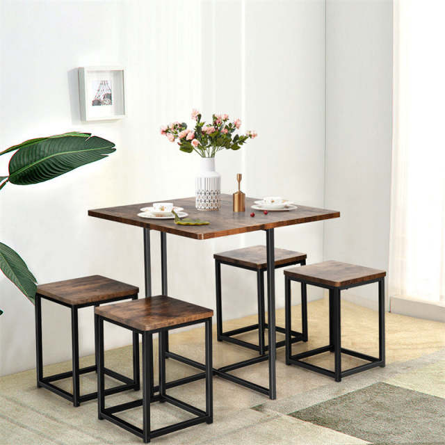 5pcs Compact Dining Table Set with 4 Square Stools & Metal Frame for Small Space Pub Apartment