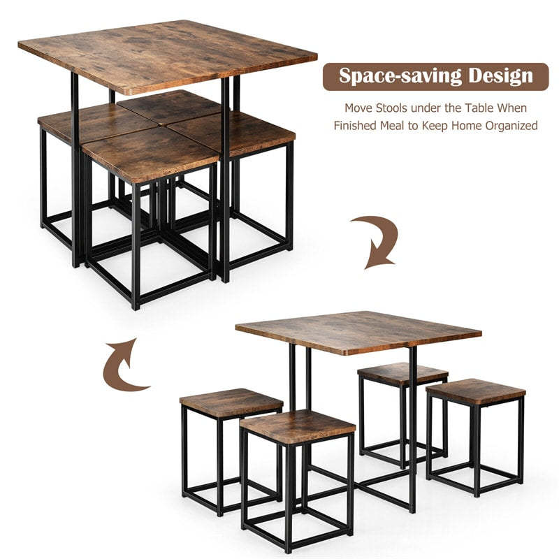 5pcs Compact Dining Table Set with 4 Square Stools & Metal Frame for Small Space Pub Apartment