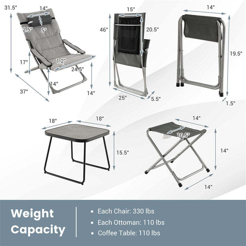 5PCS Patio Sling Chair Set, Folding Lounge Chairs with Ottoman, Coffee Table, Removable Cushion & Headrest, Portable Outdoor Reclining Set for Balcony