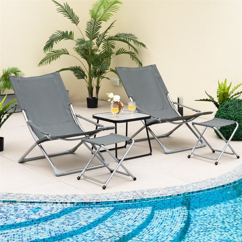 5PCS Patio Sling Chair Set, Folding Lounge Chairs with Ottoman, Coffee Table, Removable Cushion & Headrest, Portable Outdoor Reclining Set for Balcony